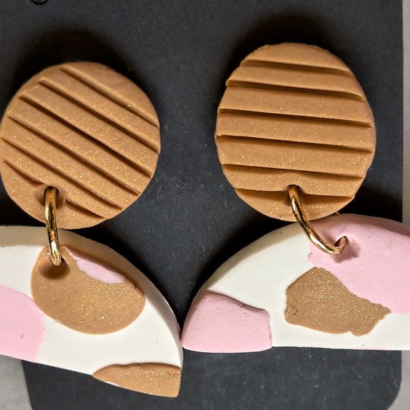 Pink and Gold Half Circle Dangle Earrings - Picture 2 of 8